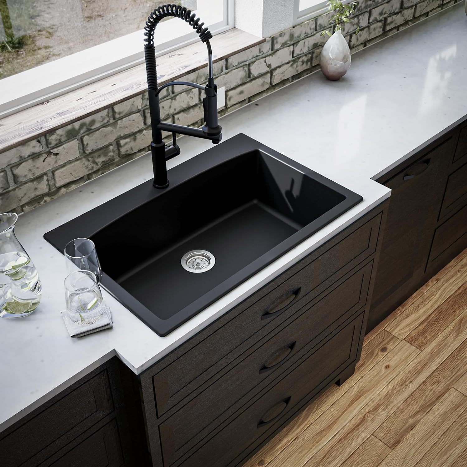 Karran QT-712 33 Inch Drop-In Quartz Composite Single Bowl Kitchen Sink, Top Mount, 1-Hole, Heat & Scratch Resistant, Easy Clean, Black