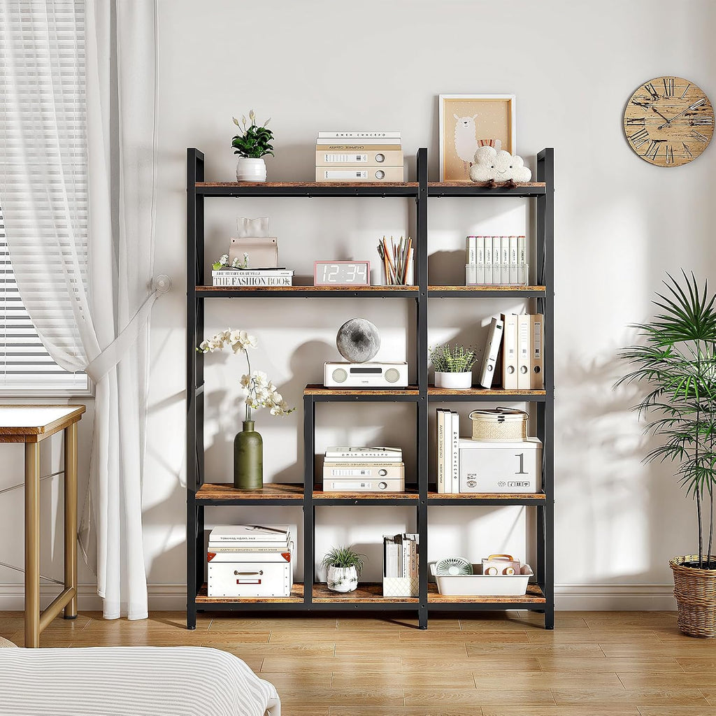 CHOEZON 5-Tier Corner Bookshelf, 65.5'' Tall L-Shaped Bookcase, Corner Storage Stand with Metal Frame, Display Storage Rack, for Living Room, Home Office, Bedroom, Rustic Brown TSJ12BF