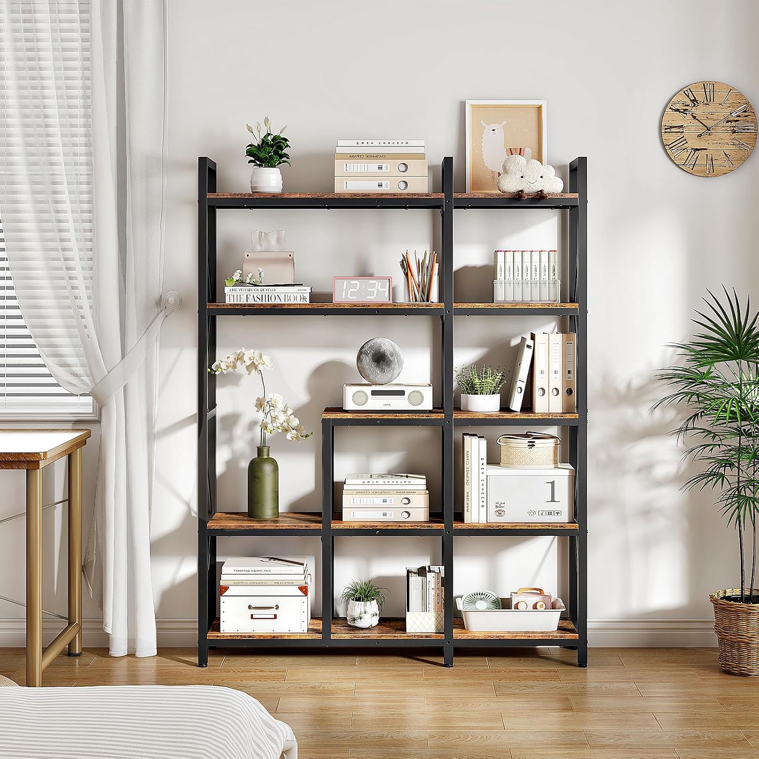 CHOEZON 5-Tier Corner Bookshelf, 65.5'' Tall L-Shaped Bookcase, Corner Storage Stand with Metal Frame, Display Storage Rack, for Living Room, Home Office, Bedroom, Rustic Brown TSJ12BF