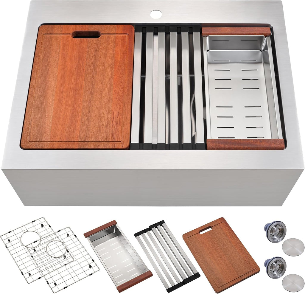 Rhbamoa 30 Inch Double Farmhouse Sink,16-Gauge T304 Stainless Steel Drop In Farm Sink,50/50 Topmount Double Bowl Apron Front Farm Sinks,10 Inch Deep Workstation Sinks with All Accessories