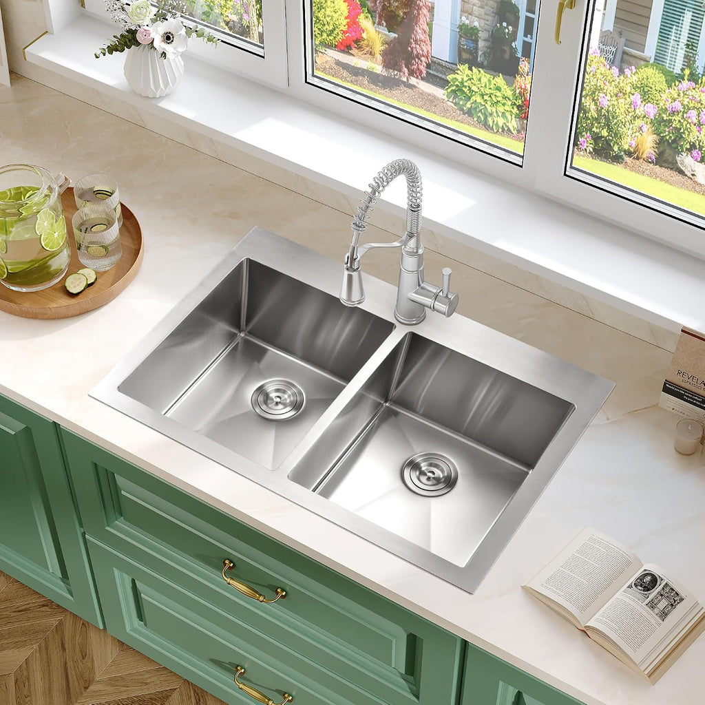 33 X 22 inch Drop in Kitchen Sinks Double Bowl,16 Gauge Stainless Steel 50/50 Double Sink,Top Mount/Drop In Double Kitchen Sink 33 inch