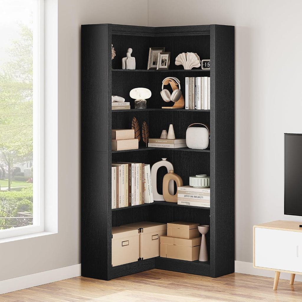 GarveeHome Corner Bookshelf Black, 71.8 in Black Corner Bookcase, L-Shaped Bookshelf Farmhouse Bookcase, 5 Tier Display Shelf Heavy Duty Bookcases, Bookshelves with Storage