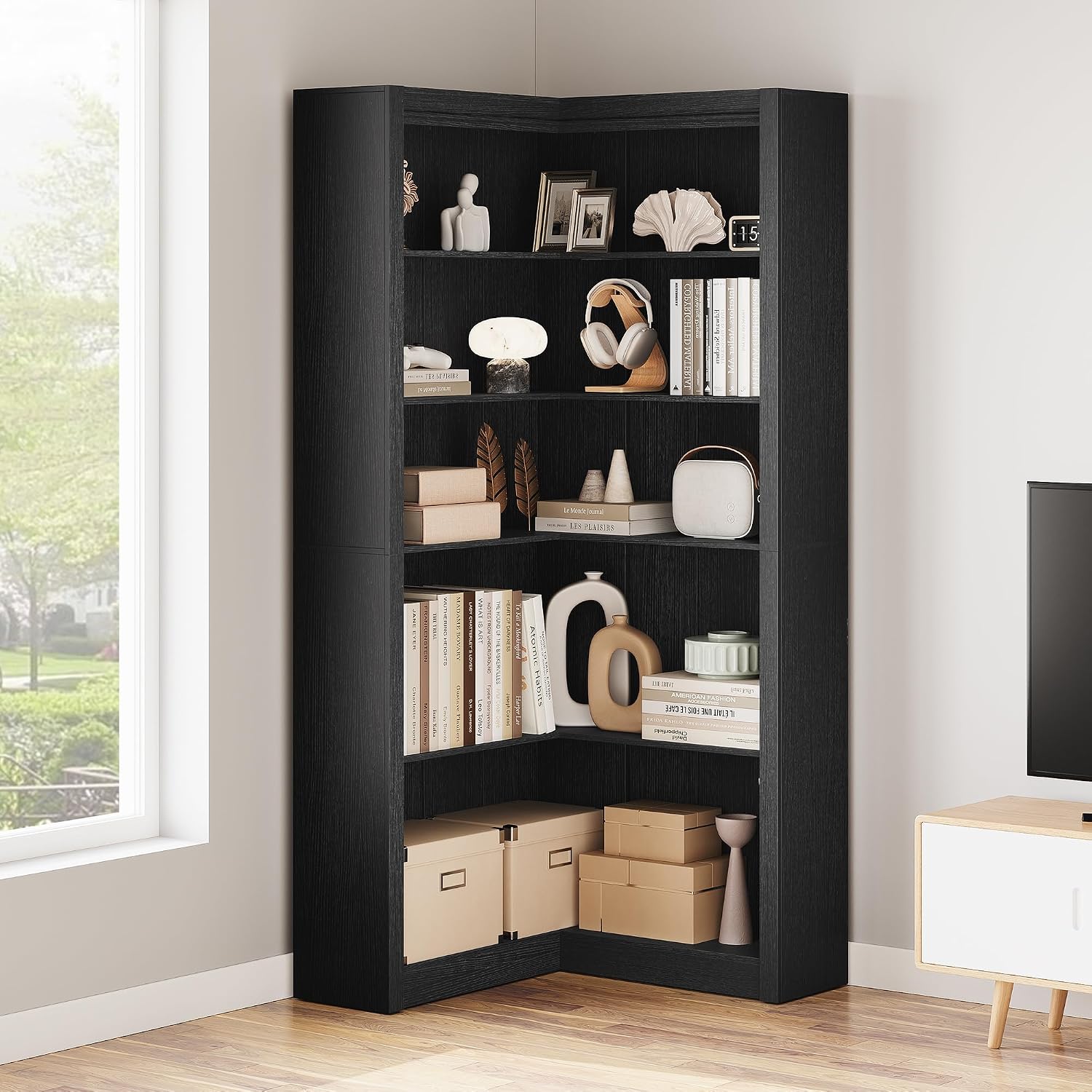 GarveeHome Corner Bookshelf Black, 71.8 in Black Corner Bookcase, L-Shaped Bookshelf Farmhouse Bookcase, 5 Tier Display Shelf Heavy Duty Bookcases, Bookshelves with Storage