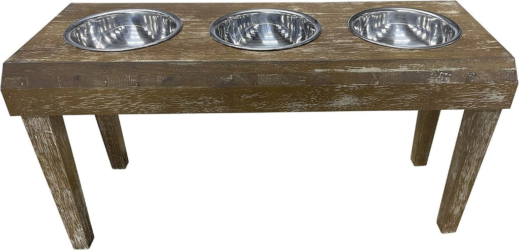 | 3 Bowl Dog Feeder - Aluminum Bowls - Washed Oak Finish - Raised Dog Feeder - 16 inch Tall - Brown