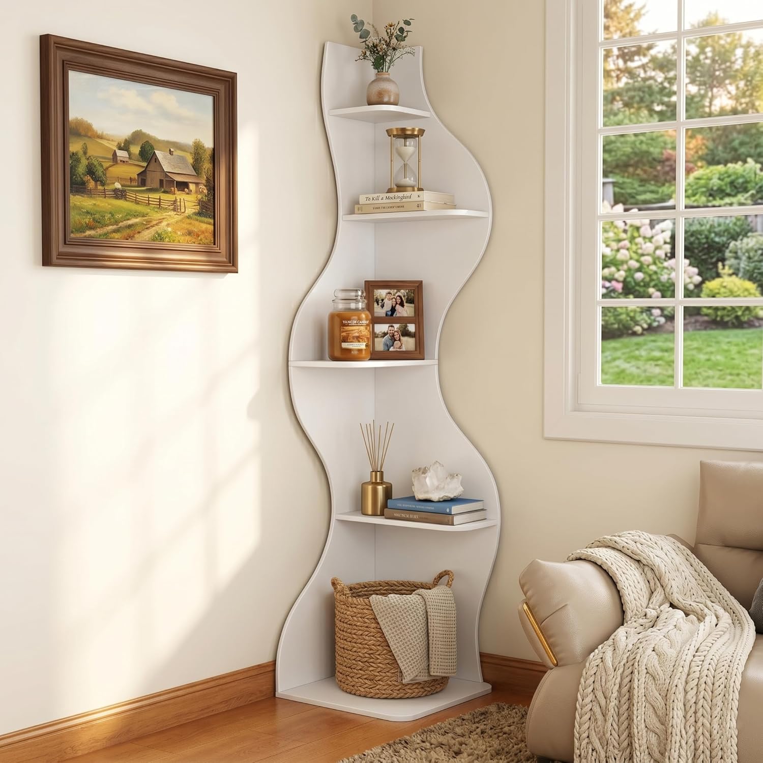 YOWOS 69.4' 5-Tier Modern Corner Bookshelf – Wavy Wooden Display Shelf with Storage, Narrow Corner Bookcase for Small Spaces, Ideal for Plants, Books & Decor (White)