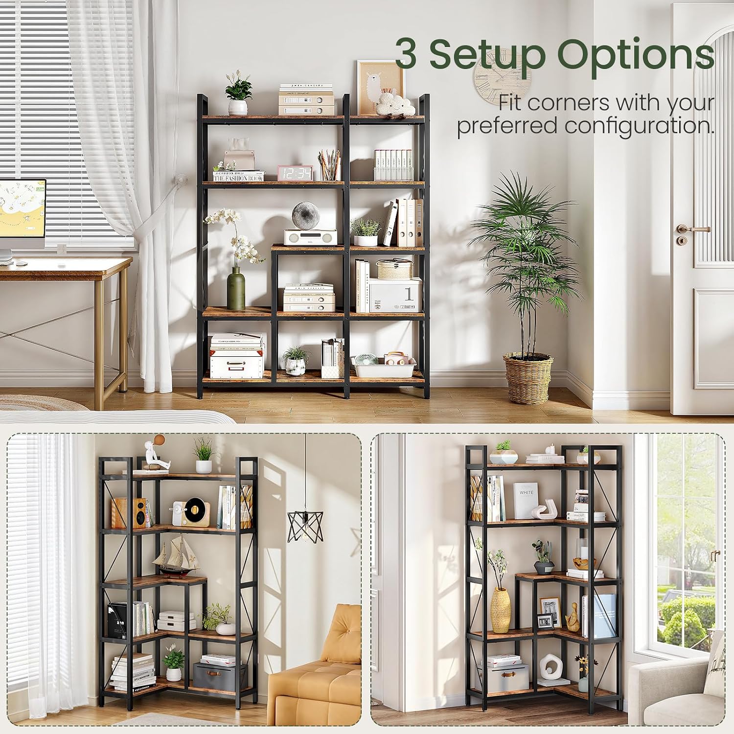 CHOEZON 5-Tier Corner Bookshelf, 65.5'' Tall L-Shaped Bookcase, Corner Storage Stand with Metal Frame, Display Storage Rack, for Living Room, Home Office, Bedroom, Rustic Brown TSJ12BF