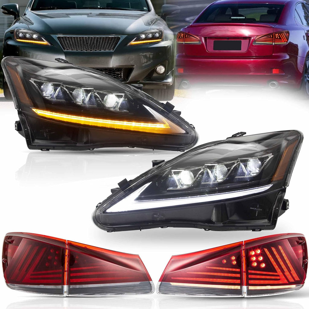 VLAND Headlights and Tail lights Fit for Lexus IS250 IS350 IS22d 2006-2012, ISF 2008-2014 4-Door, Amber+ Red