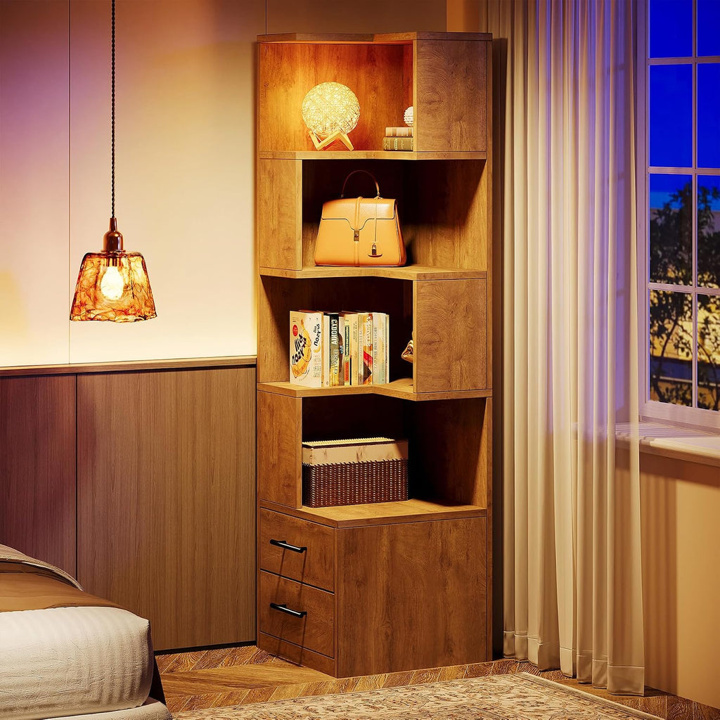 Tribesigns 5-Tier Corner Bookshelf with 2 Drawers, 66.9-Inch Tall Corner Bookcase Shelf, Modern Simple Corner Storage Cabinet Display Rack Shelf for Living Room, Home Office (Natural Brown)
