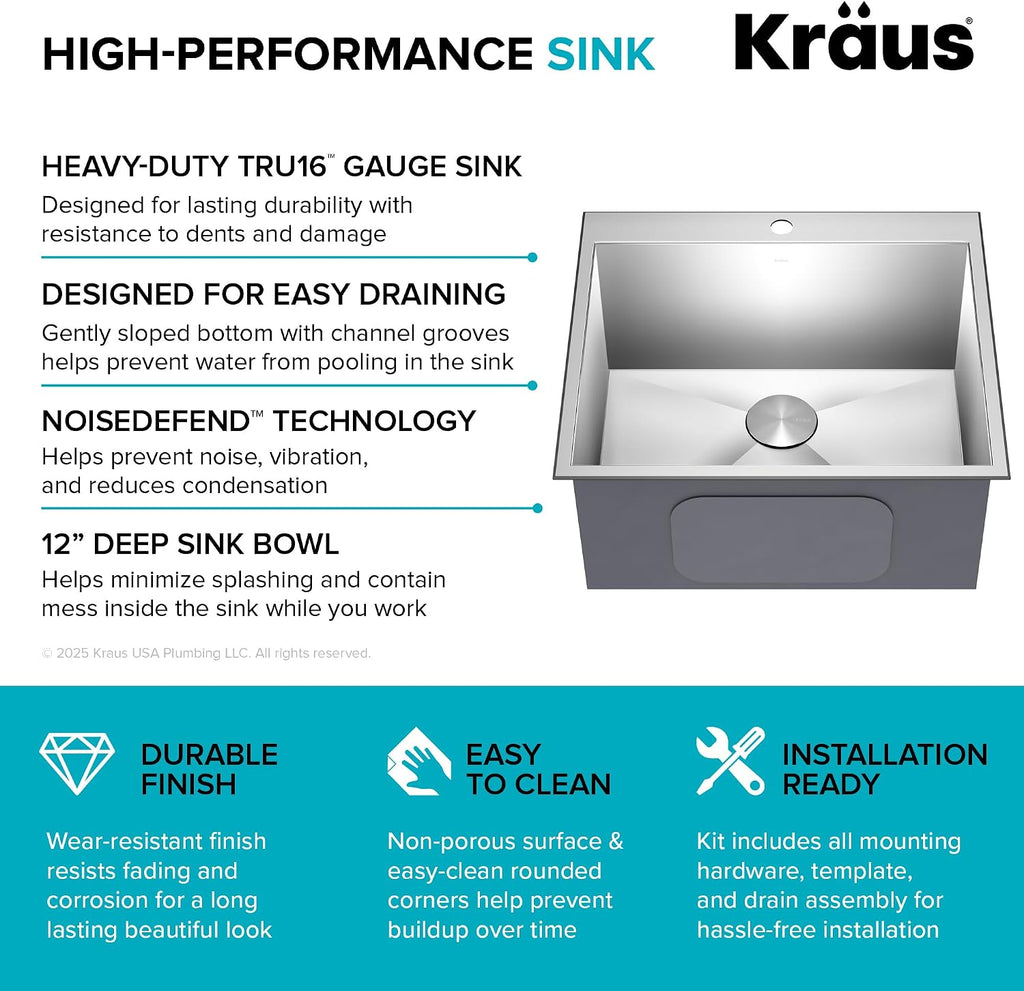 KRAUS Standart PRO 25-inch Drop-In Top Mount 16 Gauge Stainless Steel Single Bowl Laundry Utility Sink, KHT301-25L
