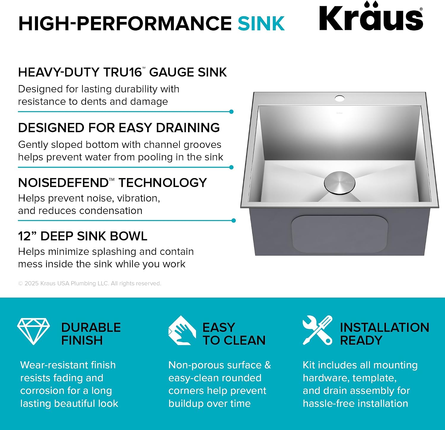 KRAUS Standart PRO 25-inch Drop-In Top Mount 16 Gauge Stainless Steel Single Bowl Laundry Utility Sink, KHT301-25L