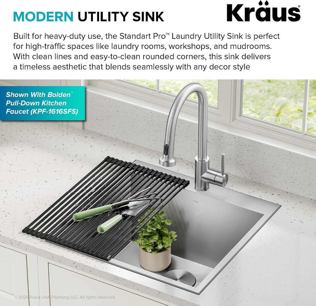 KRAUS Standart PRO 22-inch Drop-In Top Mount 16 Gauge Stainless Steel Single Bowl Laundry Utility Sink, KHT301-22L