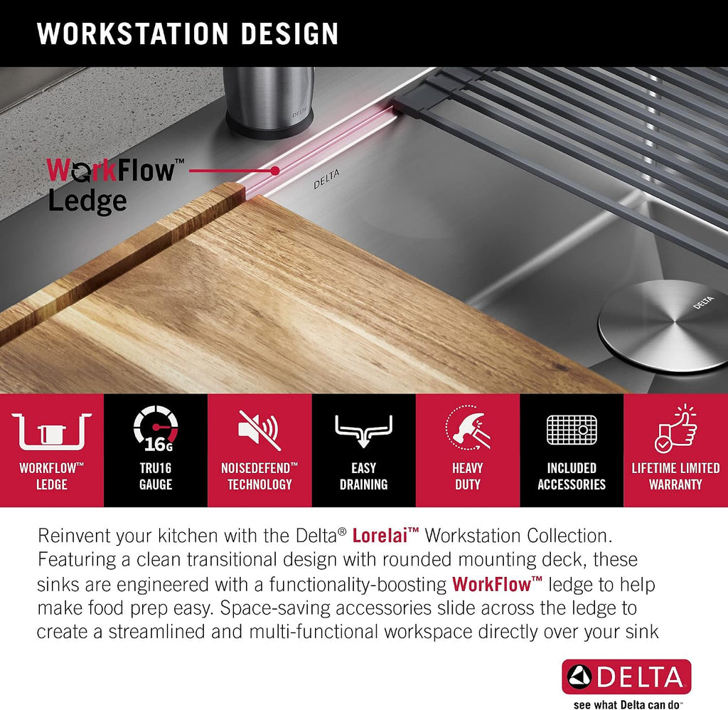 DELTA FAUCET 95A932-25S-SS Lorelai Workstation Kitchen Sink Drop-in Top Mount Stainless Steel Single Bowl with WorkFlow Ledge and Chef's Kit of 5 Accessories