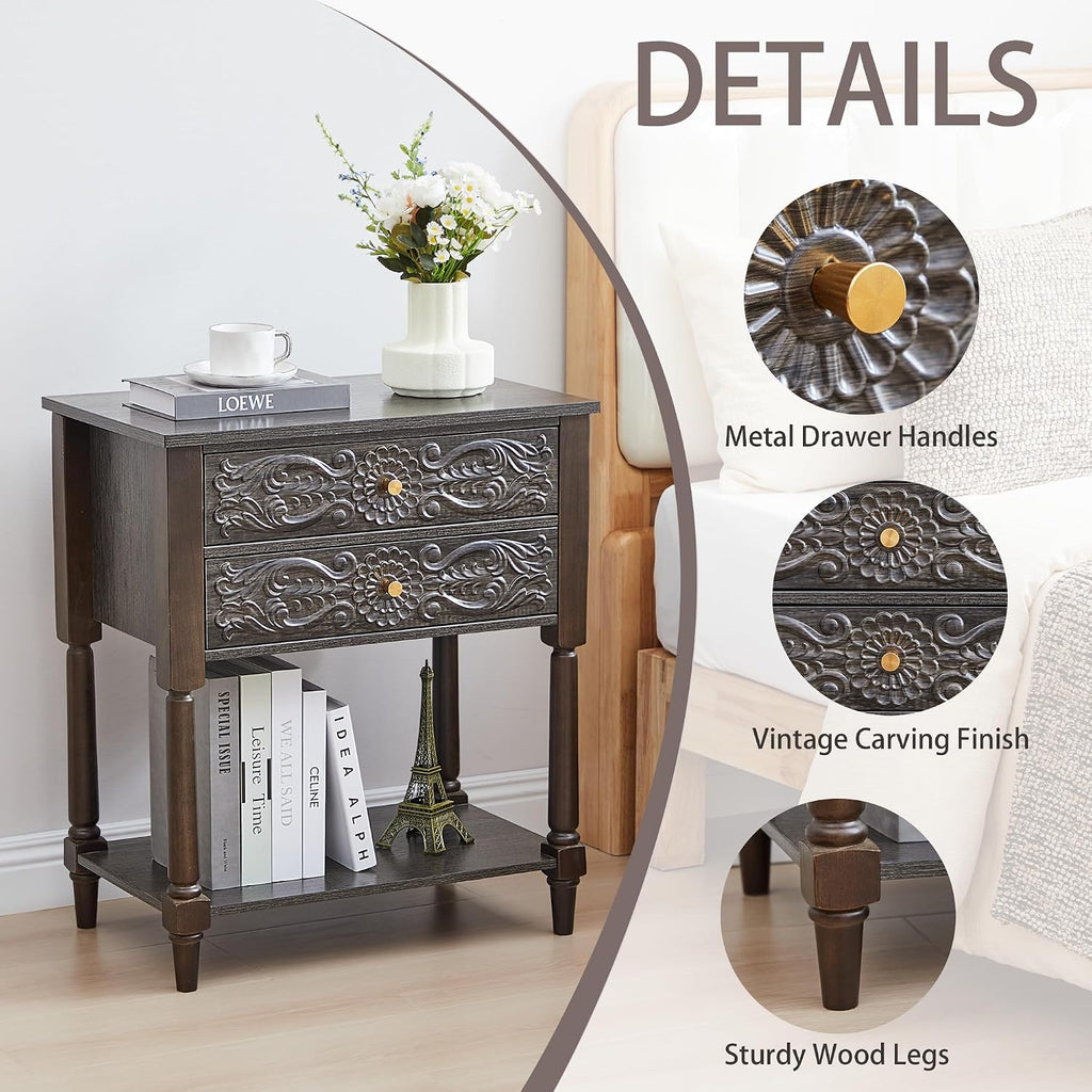 Nightstand, Farmhouse Bedside Table with 2 Drawers and Open Shelf, Wood Sofa Side Table End Table Accent Dresser for Bedroom, Living Room (with Shelf, Black Brown)