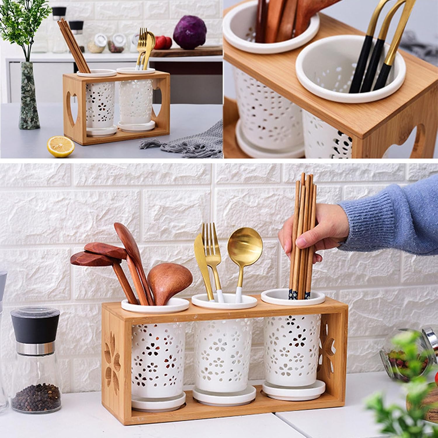 Cup Storage Holder,Bamboo Utensil Holder Set - 3 Ceramic Caddies with Drain Tray for Kitchen Counter, Ideal for Spoon, Fork & Knife Organization，A 8.27in