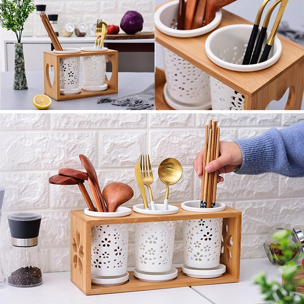 Cup Storage Holder,Bamboo Utensil Holder Set - 3 Ceramic Caddies with Drain Tray for Kitchen Counter, Ideal for Spoon, Fork & Knife Organization，B 8.27in