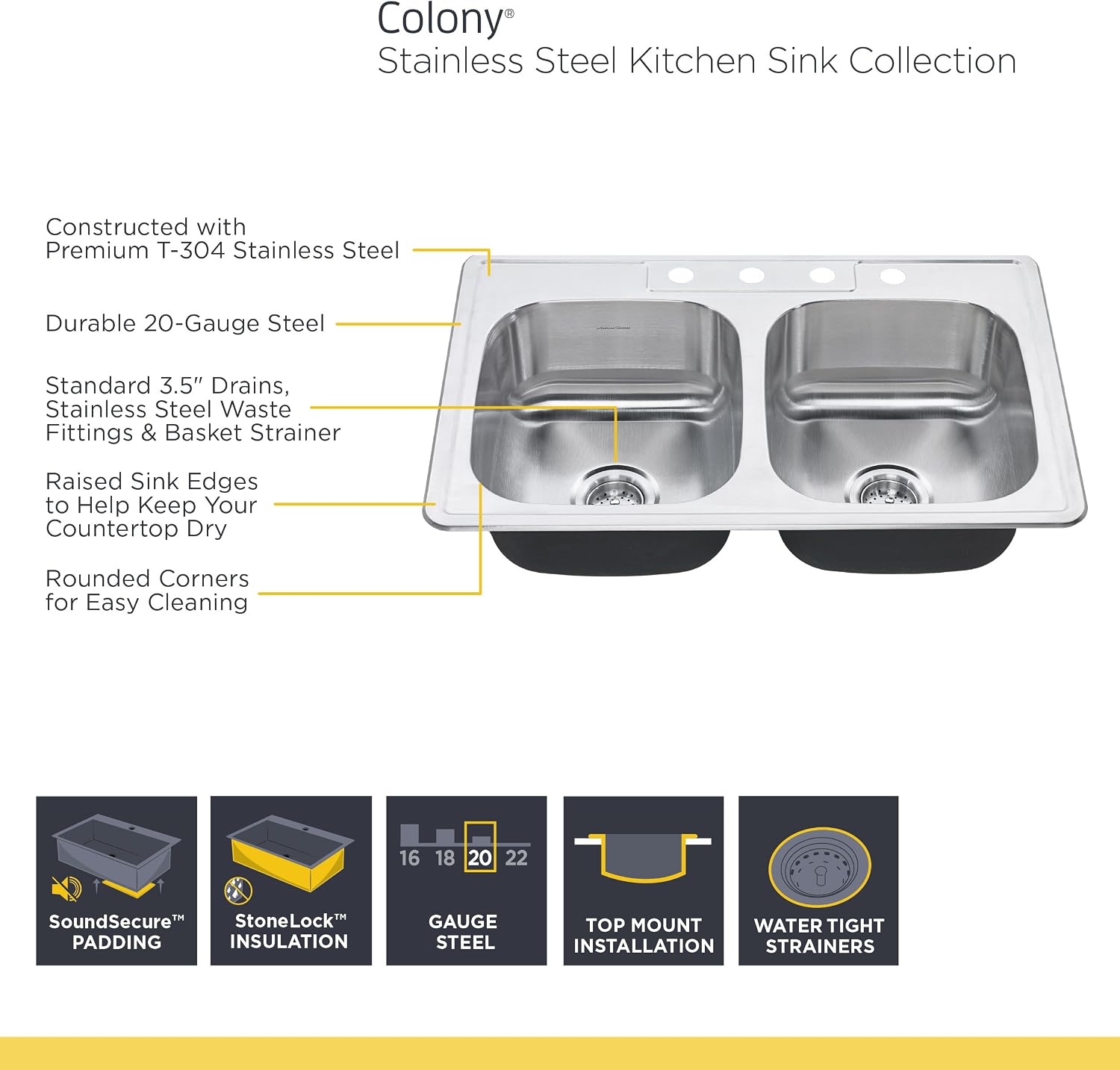 American Standard 20DB.8332283S.075 Colony Top Mount 33x22 Double Bowl Stainless Steel 3-Hole Kitchen Sink
