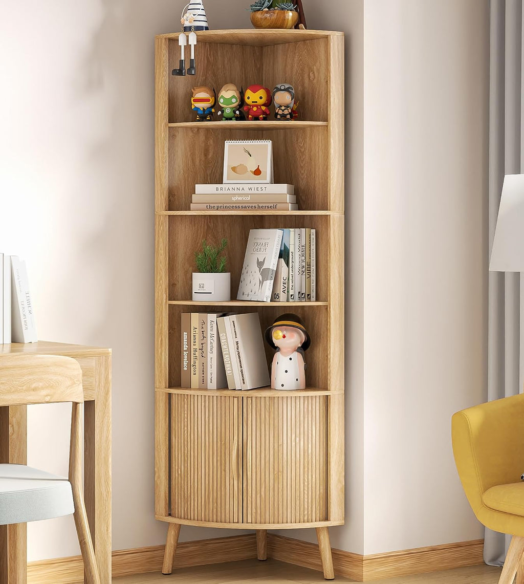 5-Tier Corner Shelf, 66.73''Tall Modern Corner Bookshelf, 5 Shelf Bookcase with 2 Fluted Doors, Freestanding Wood Corner Display Storage Shelf Organizer for Living Room, Office (Wood Color)