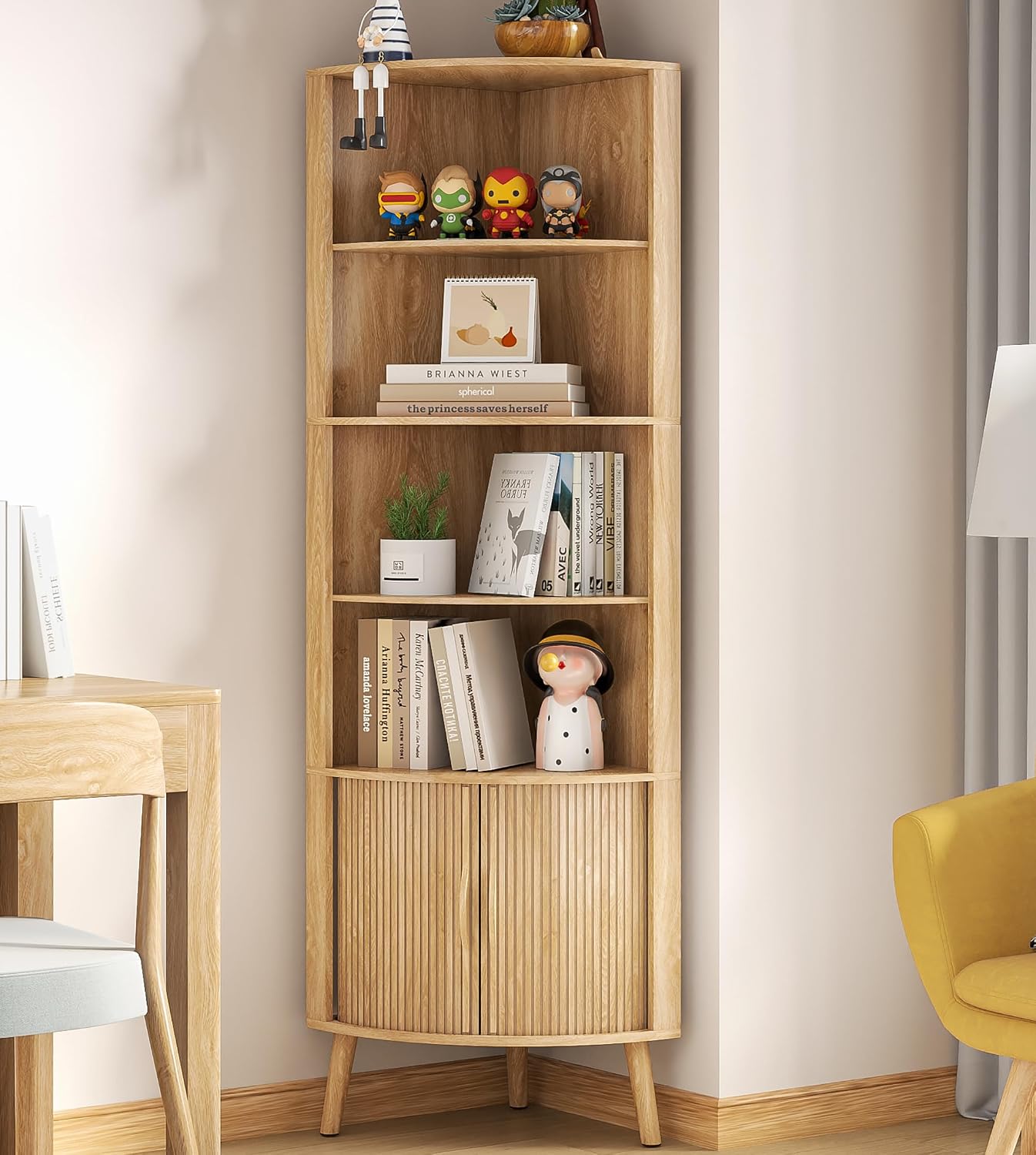 5-Tier Corner Shelf, 66.73''Tall Modern Corner Bookshelf, 5 Shelf Bookcase with 2 Fluted Doors, Freestanding Wood Corner Display Storage Shelf Organizer for Living Room, Office (Wood Color)