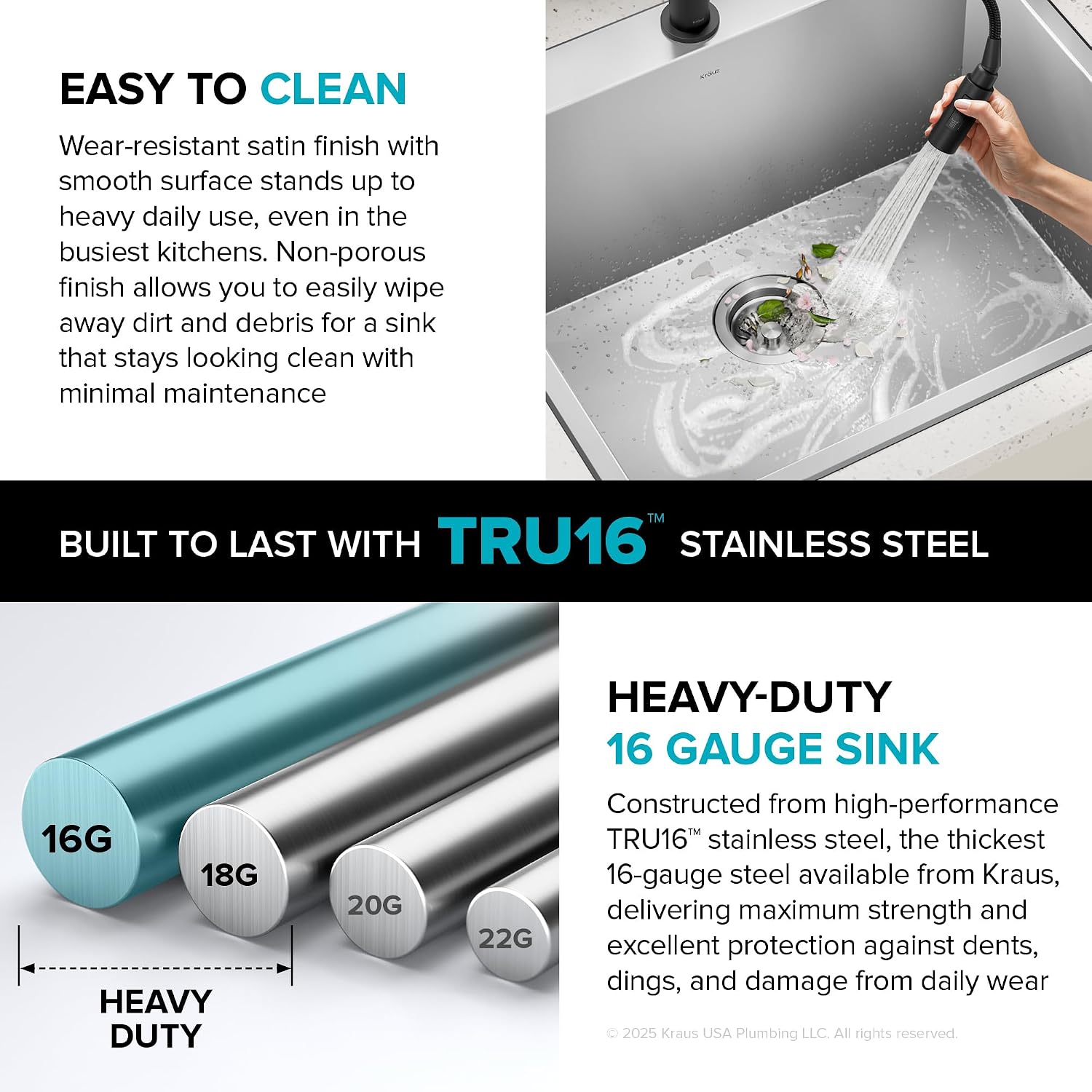 KRAUS Standart PRO 25-inch Drop-In Top Mount 16 Gauge Stainless Steel Single Bowl Laundry Utility Sink, KHT301-25L