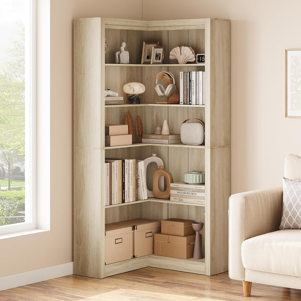 GarveeHome Corner Bookshelf, 71.8 in Farmhouse Corner Bookcase, L-Shaped Bookshelf Large Bookcase, 5 Tier Display Shelf Heavy Duty Bookcases, Bookshelves with Storage (Light Wood)