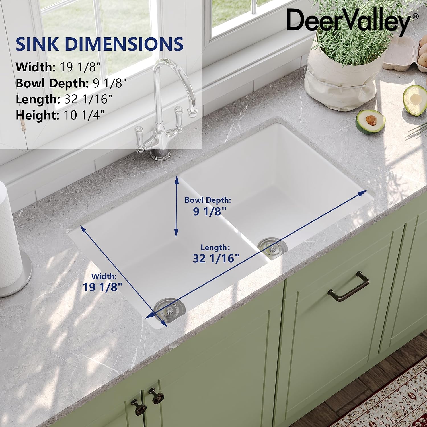 DeerValley Double Bowl Farmhouse Sink 32 Inch, Fireclay Undermount Kitchen Sinks, White Deep Drop-in Modern Sink with Grid & Basket Strainer