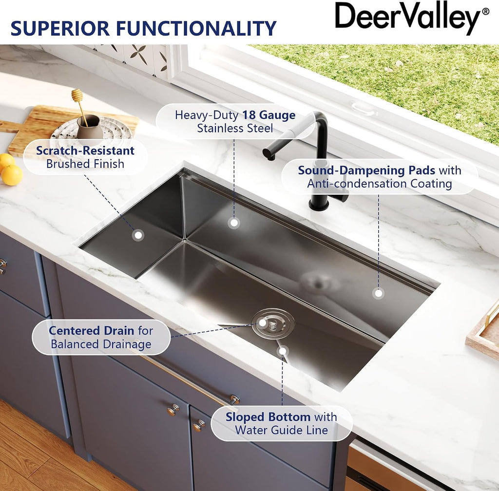 DeerValley Undermount Kitchen Sink Workstation 33 Inch, 16 Gauge Stainless Steel Single Bowl Sink, Handmade with Built-In Accessories, Ledge Design & Cutting Board