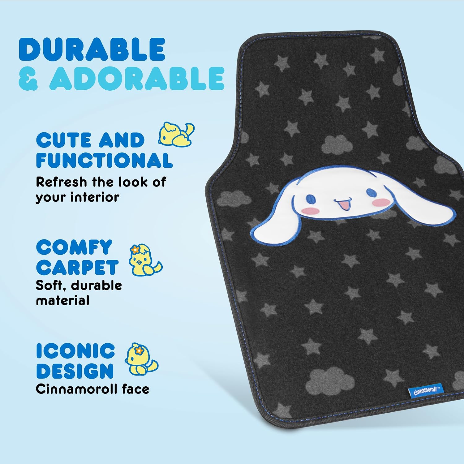 Carbella Cinnamoroll Car Seat Covers, Car Floor Mats, Steering Wheel Cover, Windshield Sun Shade for Car Gift Pack Car Air Freshener Black and Blue Hello Kitty Car Accessories for Women 9pc Combo