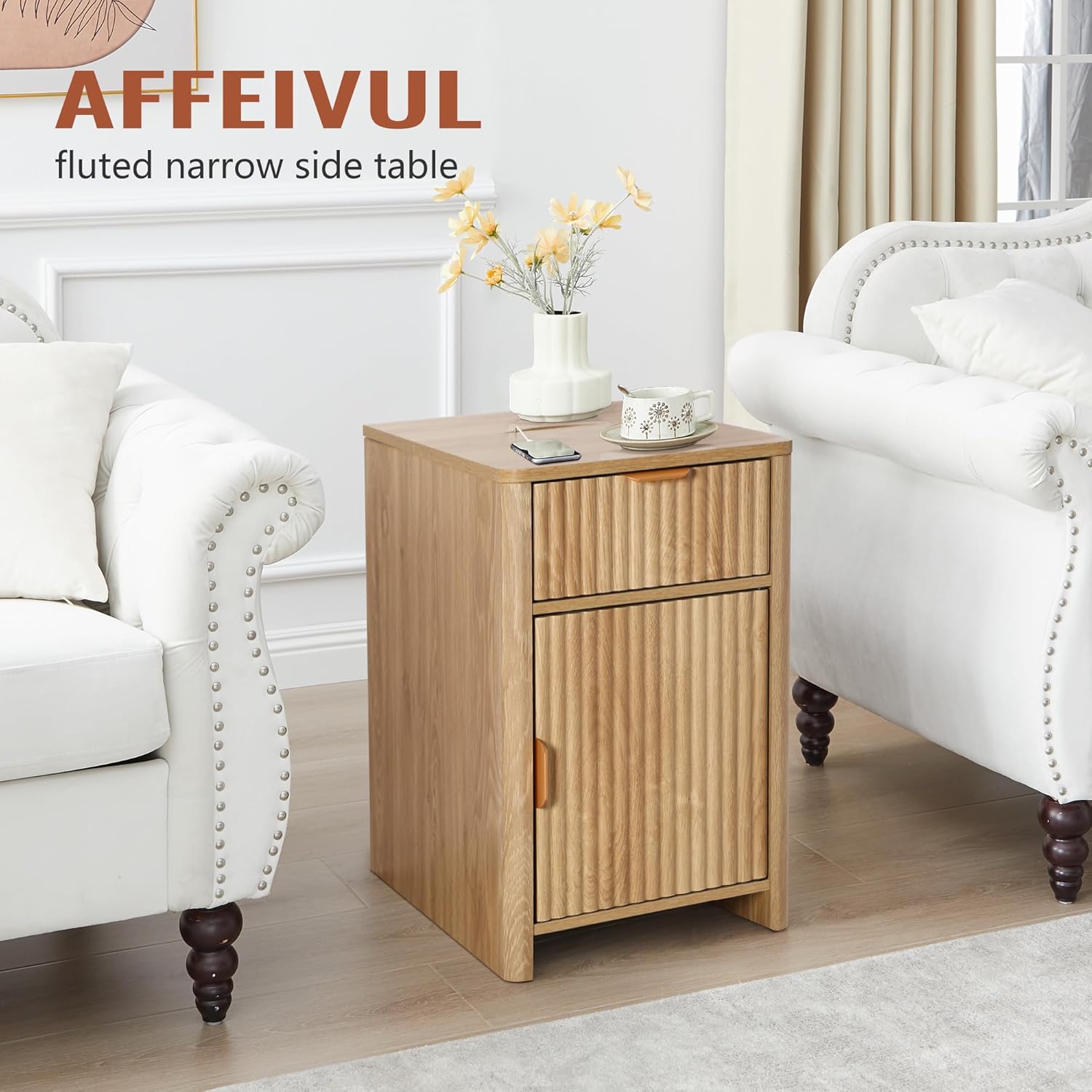 Fluted Narrow End Table with Charging Station, Boho Side Table with Drawer Storage, Small Night Stand with Power Outlets and USB Ports, Sofa Side Table for Living Room, Natural