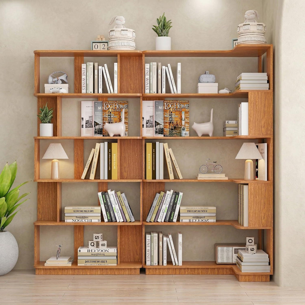 Corner Bookshelf, L Shaped, Set of 2, Dark Oak | Modular Geometric Design, Large Storage Display, Freestanding Wooden Unit, For Living Room Home Office