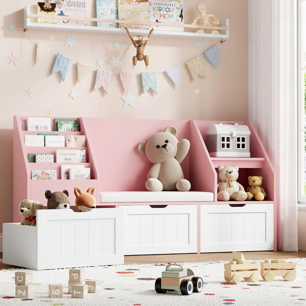 FOTOSOK 55.1'' Kids Bookshelf with Reading Nook, Toy Storage Organizer with Seat Cushion and 3 Movable Drawers, Kids Reading Nook Toy Organizers and Storage with Bench for Playroom, Bedroom, Pink