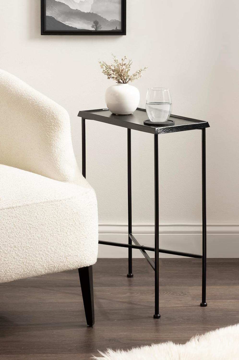 Kate and Laurel Sanzo Transitional Metal Skinny Side Table, 17 x 9 x 24, Black, Rectangular Slim Bedroom Nightstand with Hammered Tabletop for Use as Bedside Accent or Living Room End Table