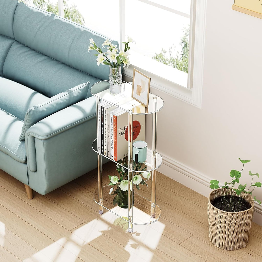 Clear Acrylic Narrow Side Table Set of 2 for Small Spaces, 15.75' L x 7.87' W x 26.7' H, 3 Tier Oval Slim End Table Nightstand, Small Minimalist Skinny Bedside Table for Bedroom, Living Room
