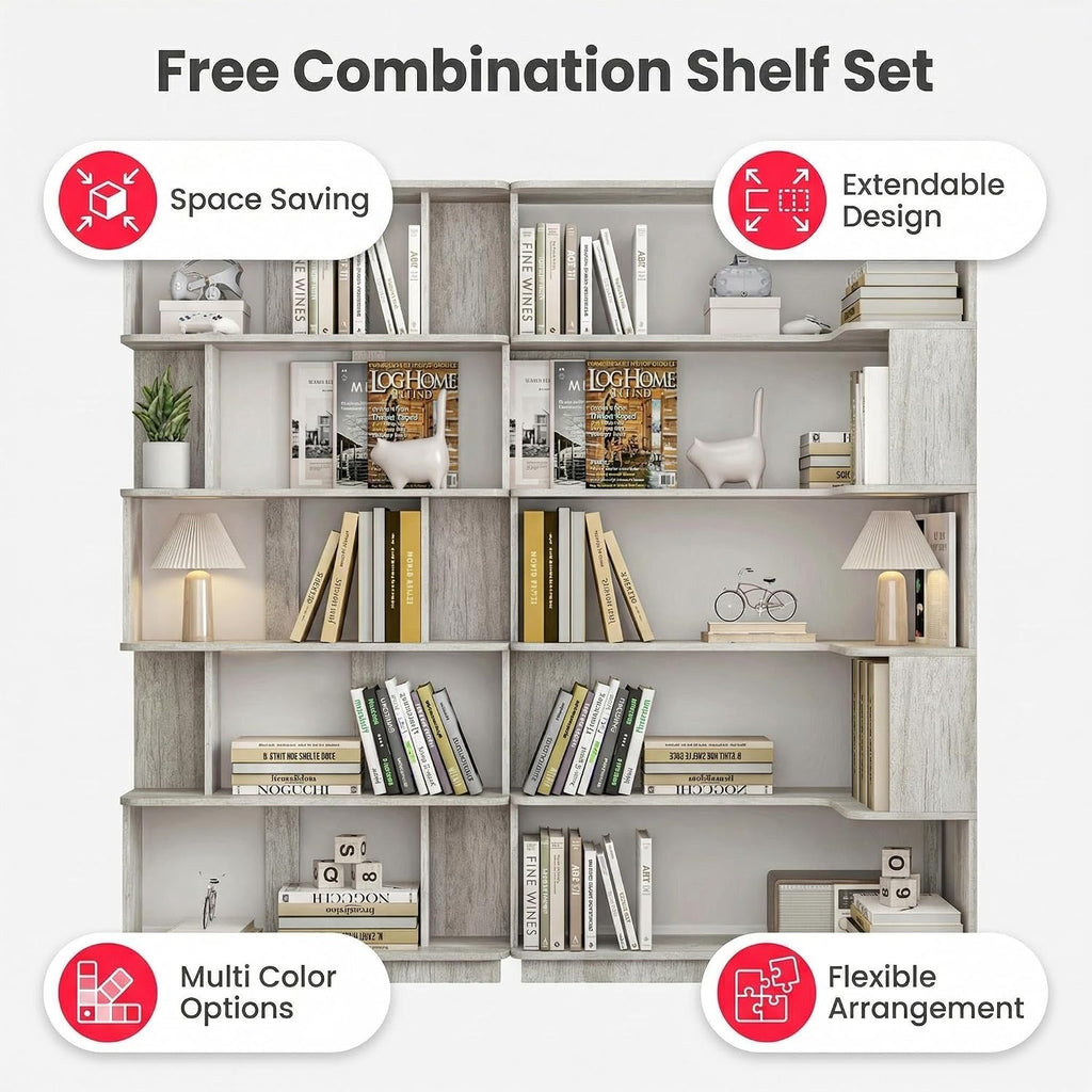Corner Bookshelf, L Shaped, Set of 2, Light Grey | Modular Geometric Design, Large Storage Display, Freestanding Wooden Unit, For Living Room Home Office