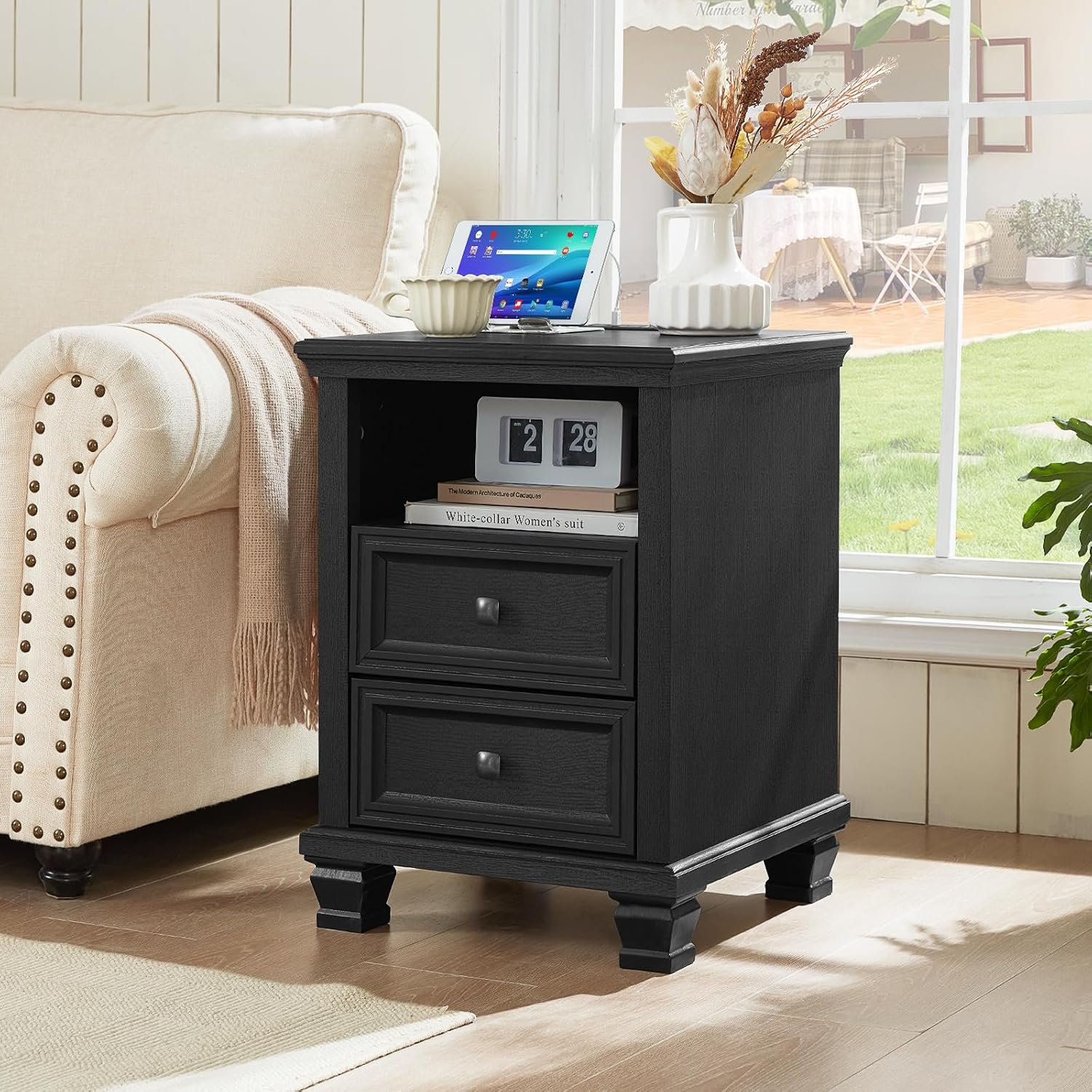 SAVOR LIFE Farmhouse Nightstand Set of 2 with Charging Station, Rustic Black Nightstand with Drawers, Bedside Table with Open Shelf for Bedroom, Black