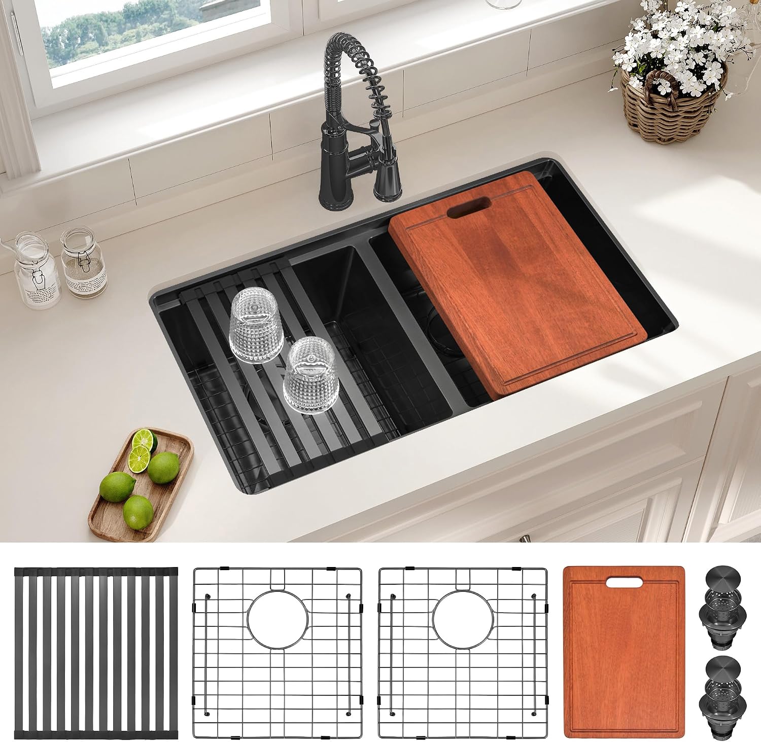 LQS Black Stainless Steel Kitchen Sink, 30 Inch Undermount Kitchen Sink, 50/50 Black Undermount Kitchen Sink with 10' Depth, X-Shaped Drain Line, Dual Mount Design and Round Corner