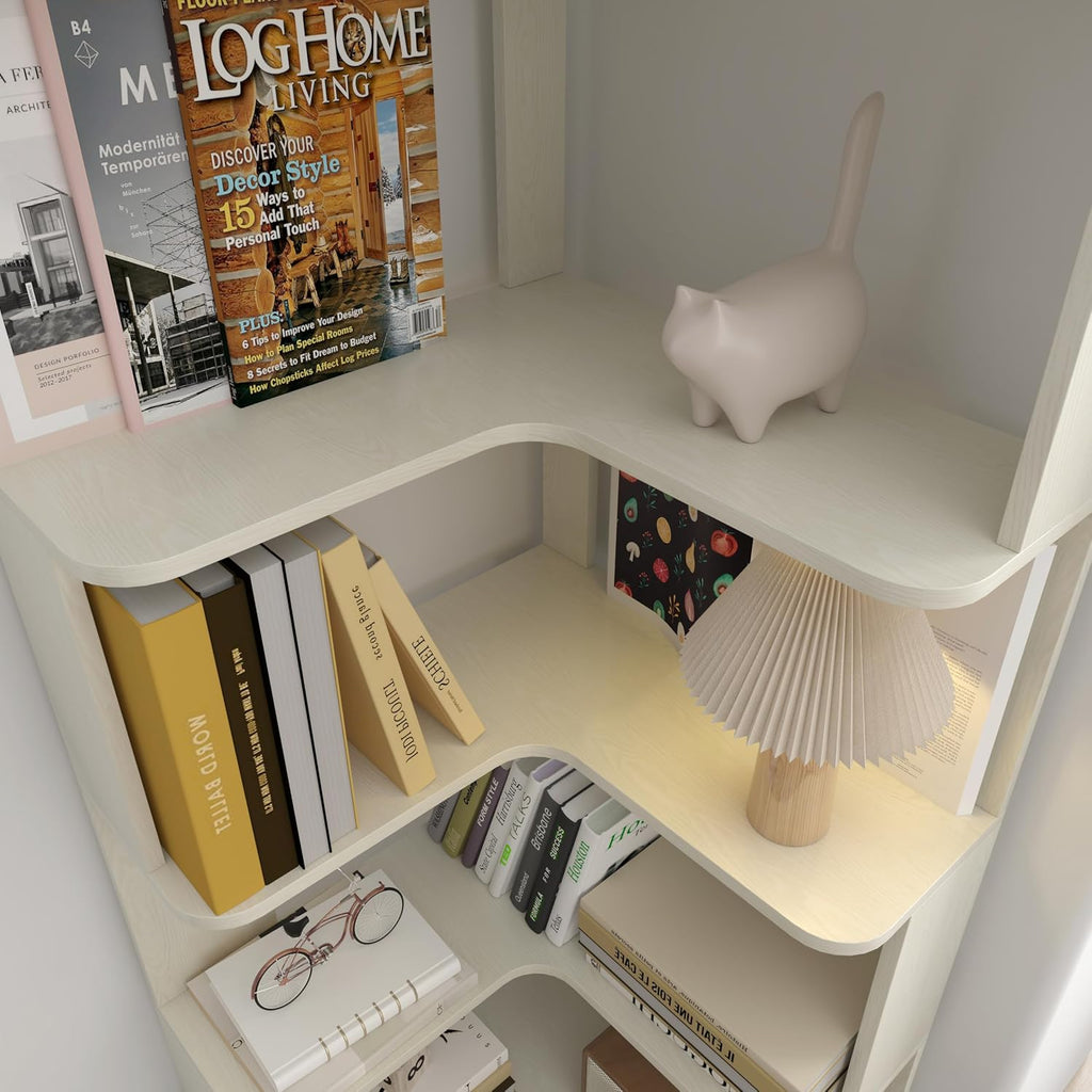 GDFStudio 64.6' Tall L-Shaped Corner Bookshelf, 6-Tier Freestanding Corner Shelf Bookcase with Anti-Drop Panels, Wooden Open Back Display Shelves Organizer for Living Room Office Bedroom, White Oak