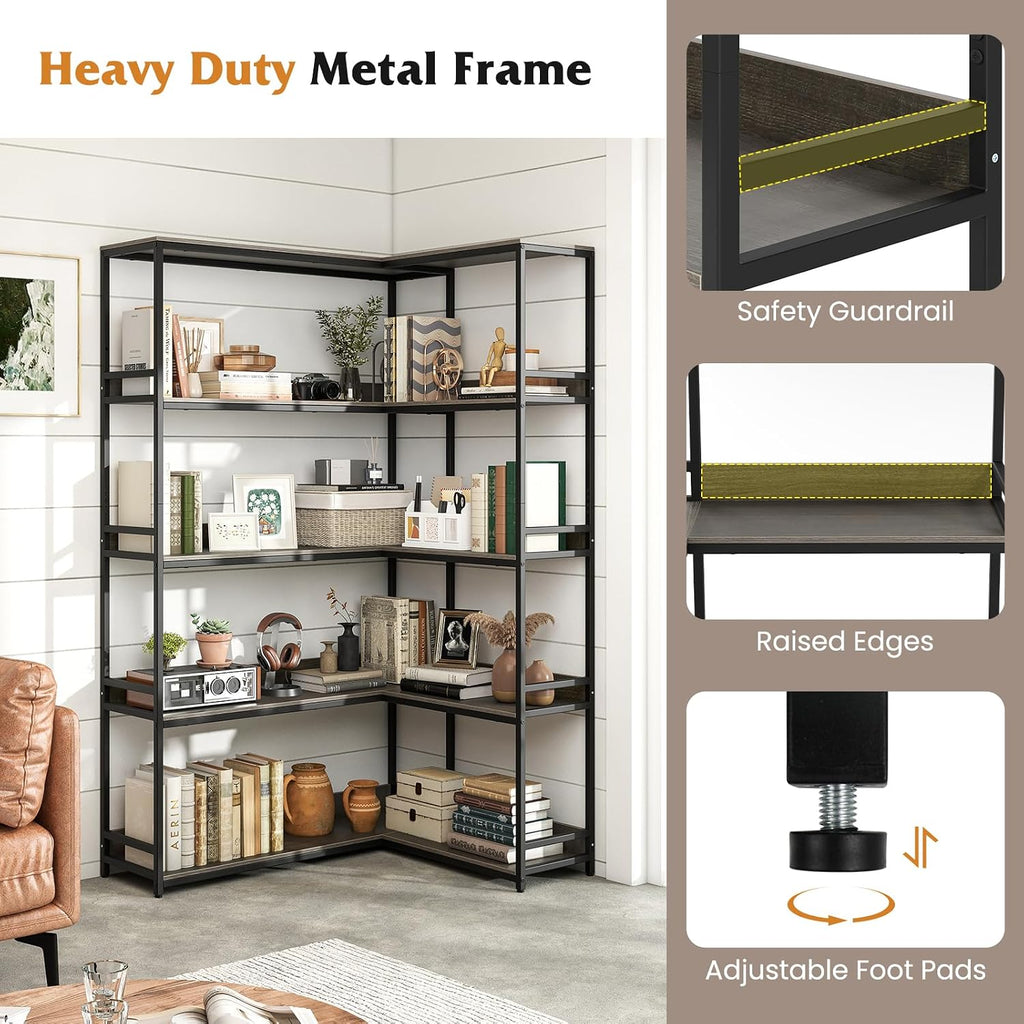 Tangkula Large Corner Bookshelf, 90 Degrees 5-Tier Industrial Wood Open Corner Bookcase for Small Spaces, Heavy-Duty Metal Frame, 71'H L-Shaped Storage Display Rack for Living Room (Oak)