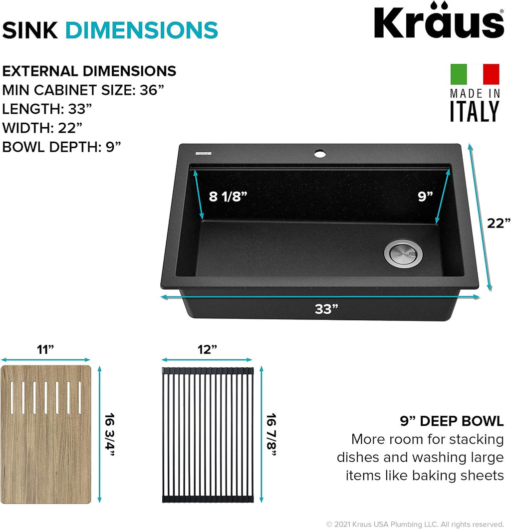 KRAUS Bellucci Workstation 33' Single Bowl Granite Kitchen Sink in Metallic Black w/Accessories, KGTW2-33MBL, Includes Dish Drainer/Dish Drying Rack