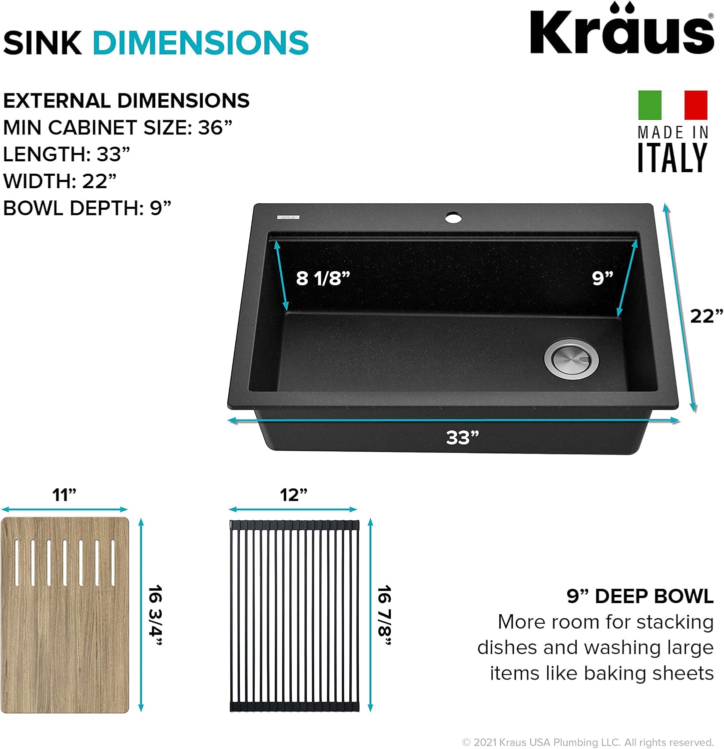 KRAUS Bellucci Workstation 33' Single Bowl Granite Kitchen Sink in Metallic Black w/Accessories, KGTW2-33MBL, Includes Dish Drainer/Dish Drying Rack
