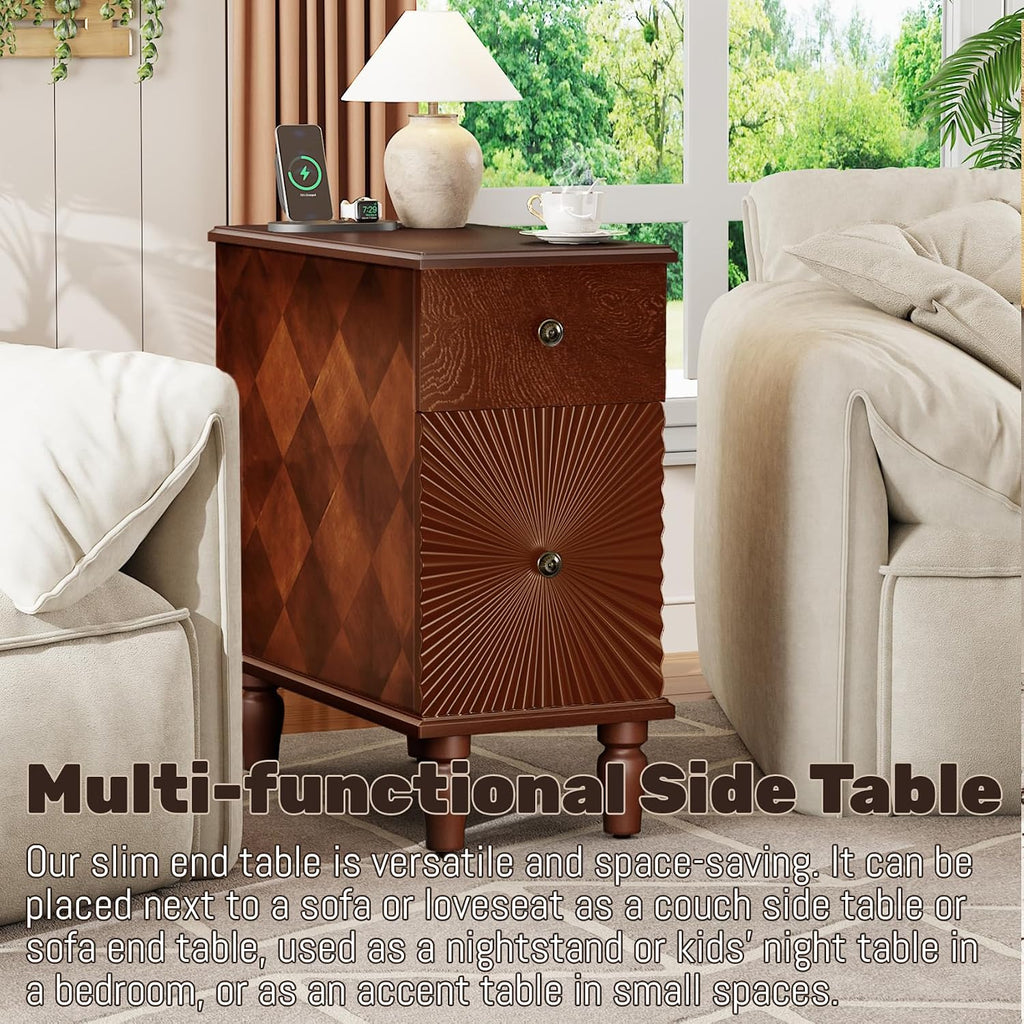 Wood End Table with Charging Station, Fully Assembled Slim Side Table with Drawers, Narrow Nightstand Bedside Table for Small Spaces, Living Room, Bedroom,Walnut