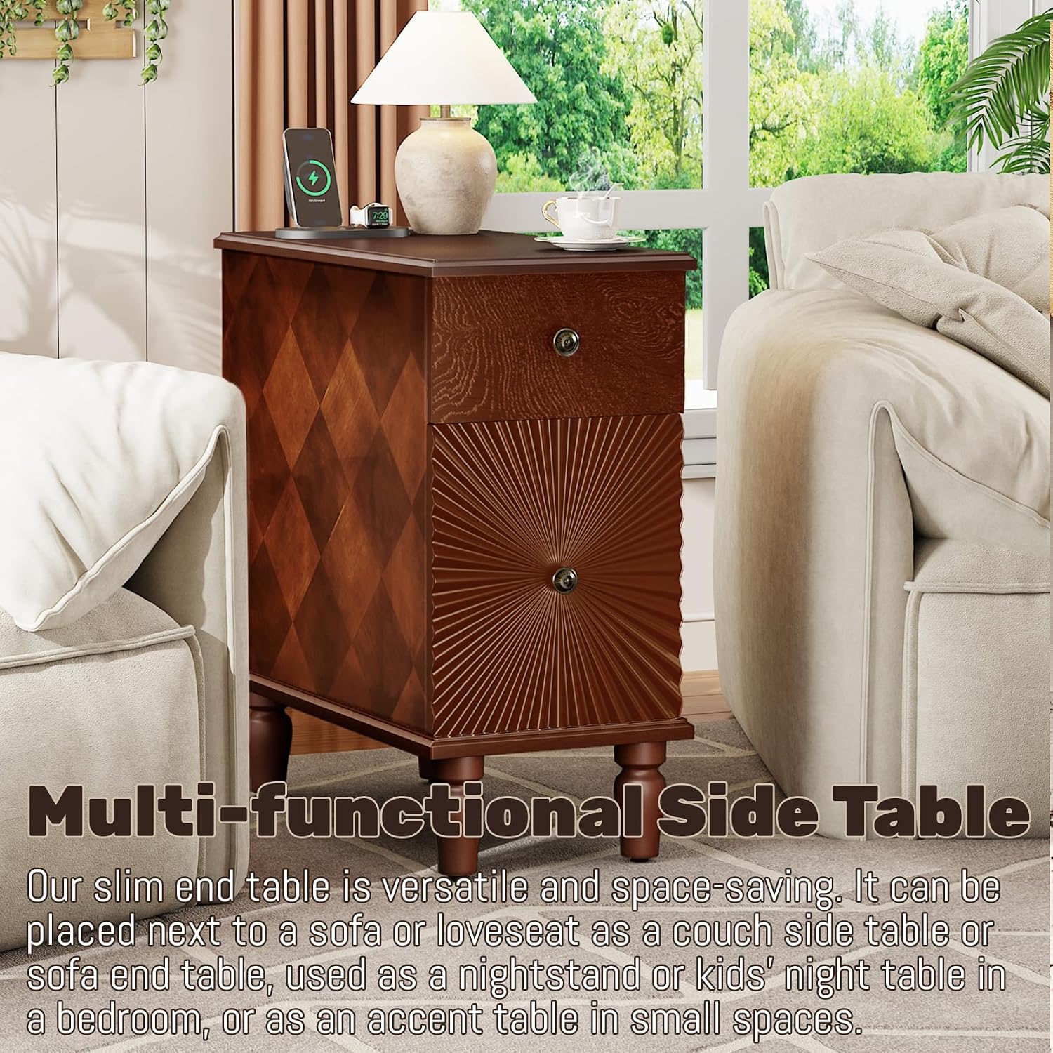Wood End Table with Charging Station, Fully Assembled Slim Side Table with Drawers, Narrow Nightstand Bedside Table for Small Spaces, Living Room, Bedroom,Walnut