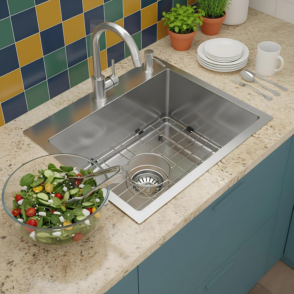 Drop In Kitchen Sink 25x22', 9' Basin Depth, 18 Gauge Stainless Steel Sink, 3D Embossed Surface Finish Top Mount with Accessories