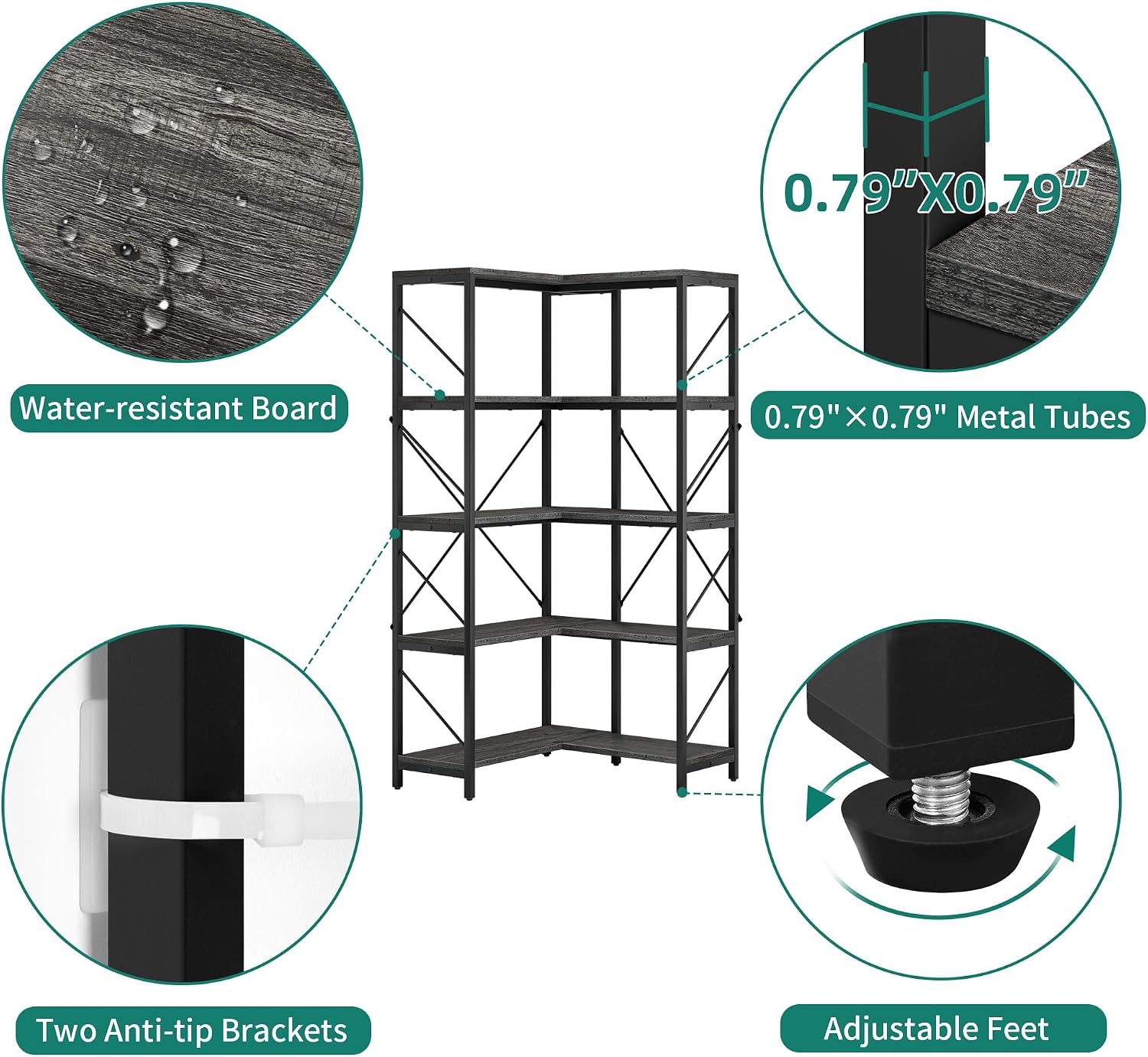 YITAHOME Corner Bookshelf, Industrial Corner Shelf 5 Tier Bookcase, Large Display Rack Storage for Bedroom, Living Room, Home Office,Charcoal Gray + Black
