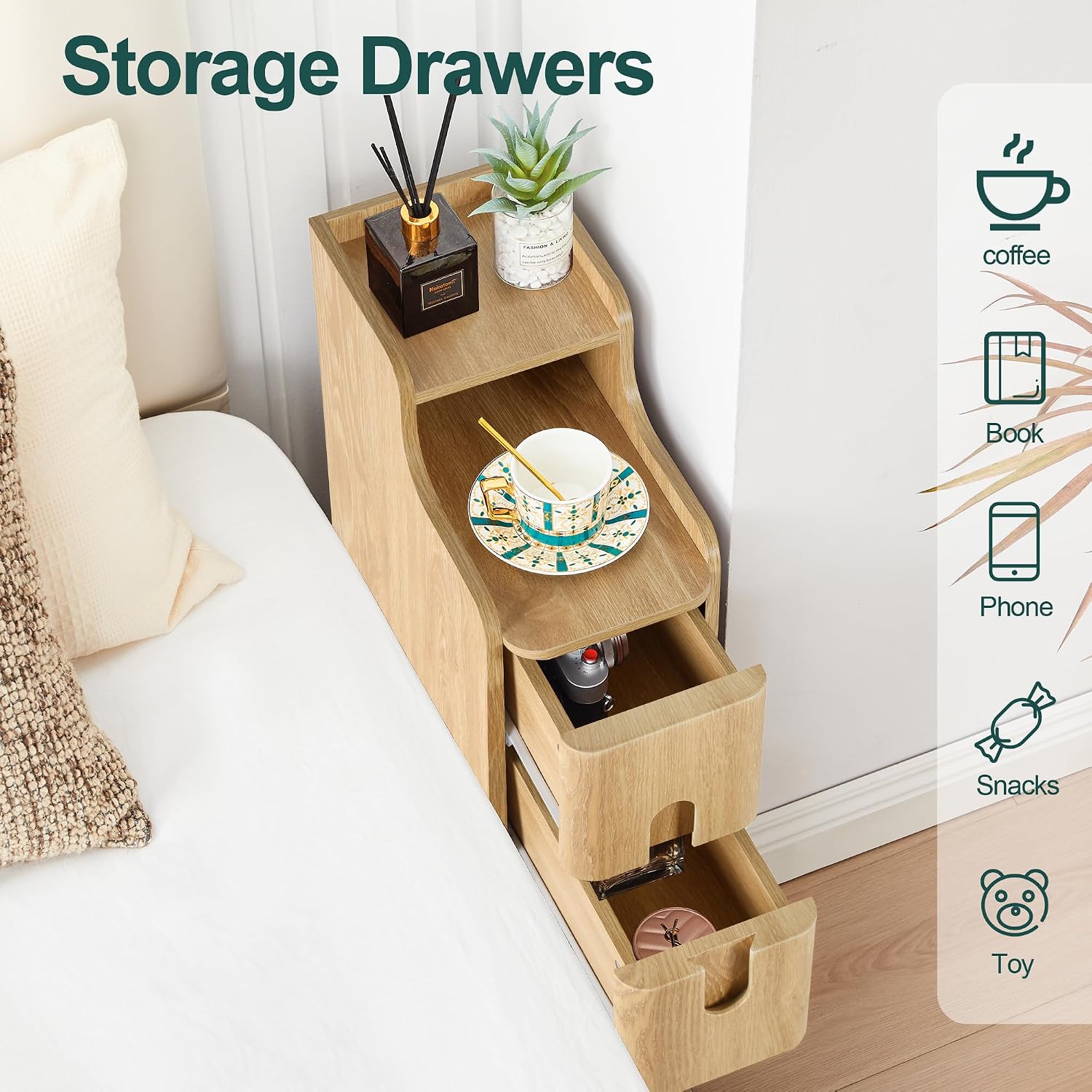 Small Nightstand Set of 2, Wood 2 Drawer Narrow Nightstand, Slim Side Table, Modern Skinny End Bedside Table, Natural Wood Night Stand with Drawers for Bedroom (Natural-2 pcs)