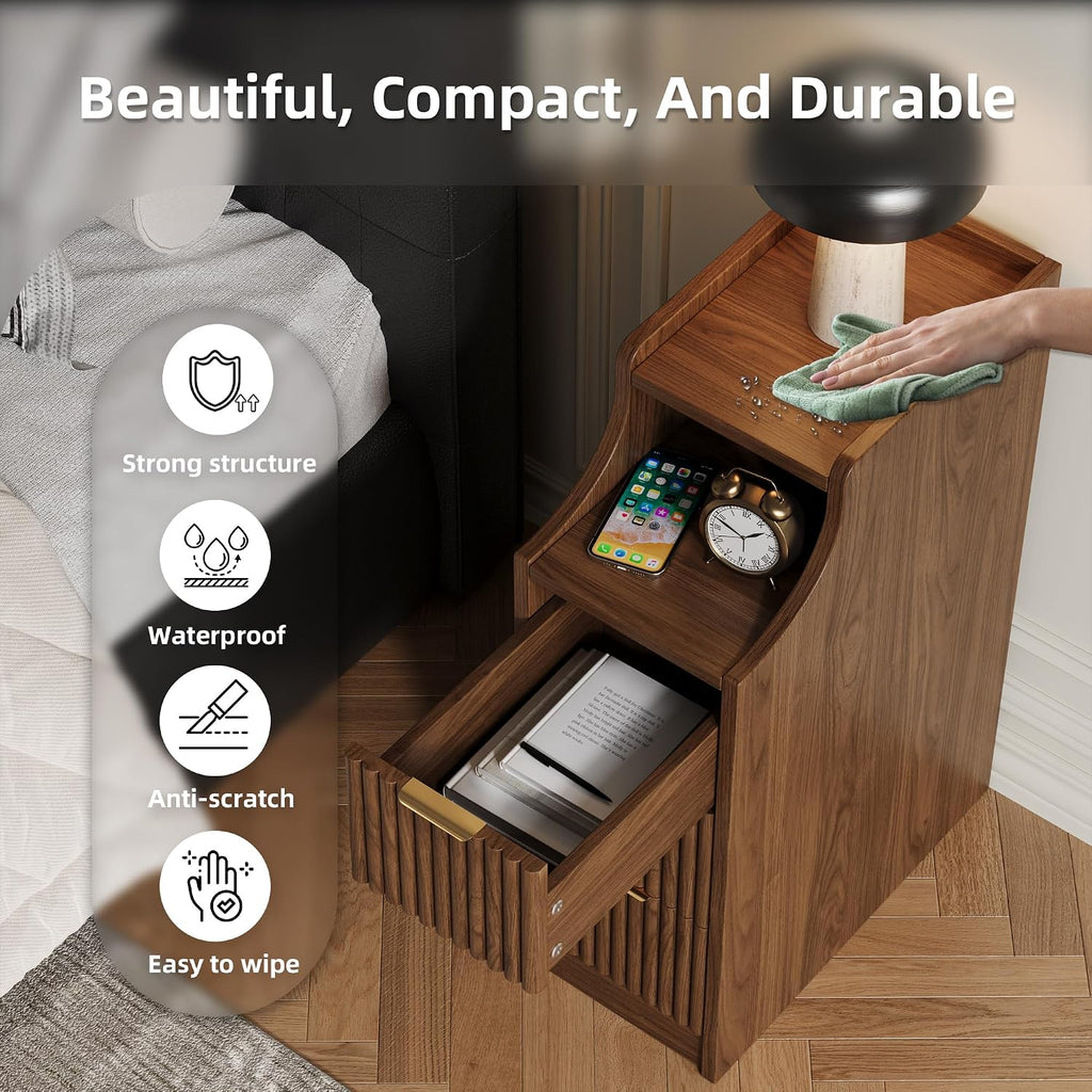 7.9' W Narrow Fluted Nightstand Set of 2,Slim Side End Table with 3 Drawers,Modern Bedside Table,Skinny Night Stand for Bedroom, Livingroom,Small Space
