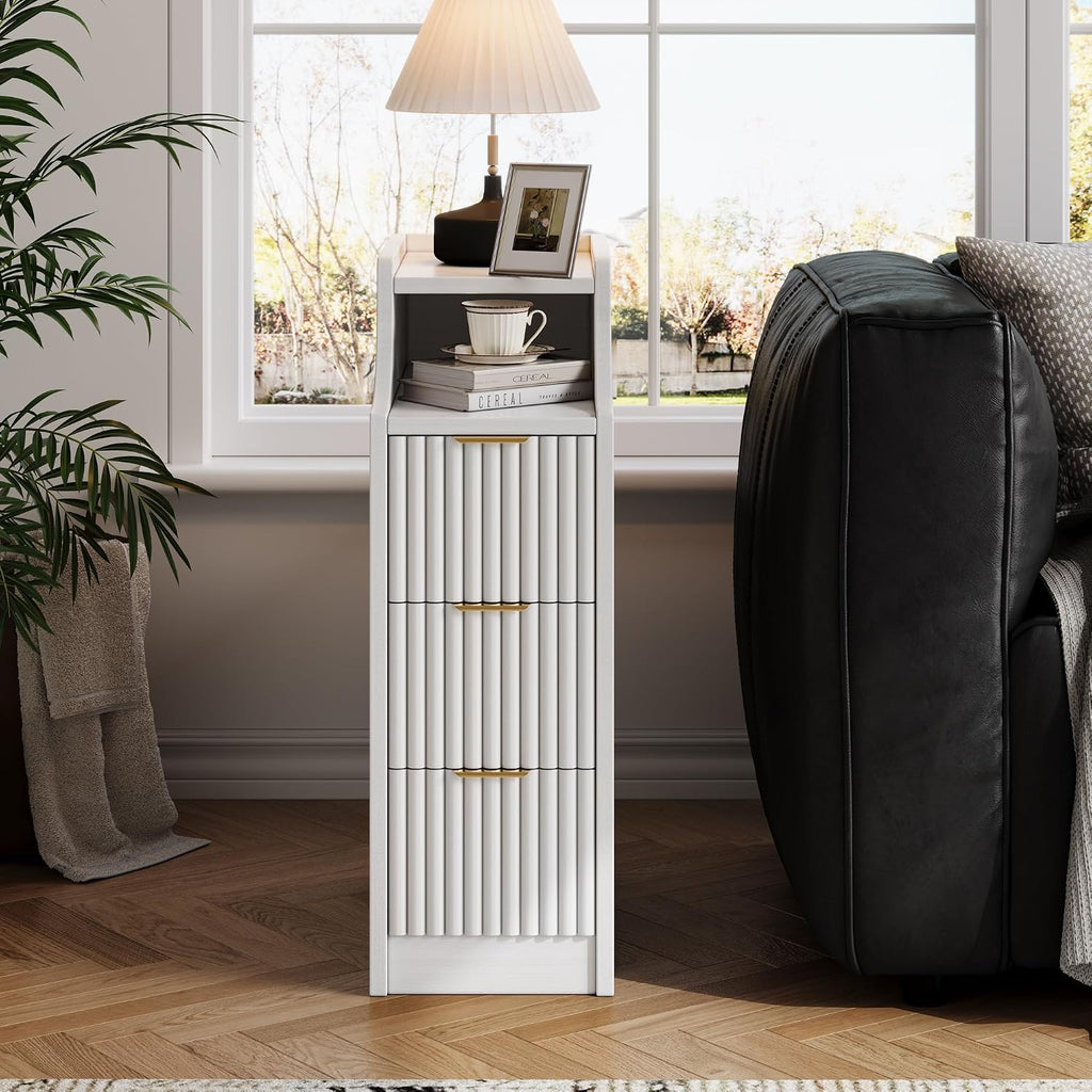 7.9' W Narrow Fluted Nightstand Set of 2,Slim Side End Table with 3 Drawers,Modern Bedside Table,Skinny Night Stand for Bedroom, Livingroom,Small Space (White)