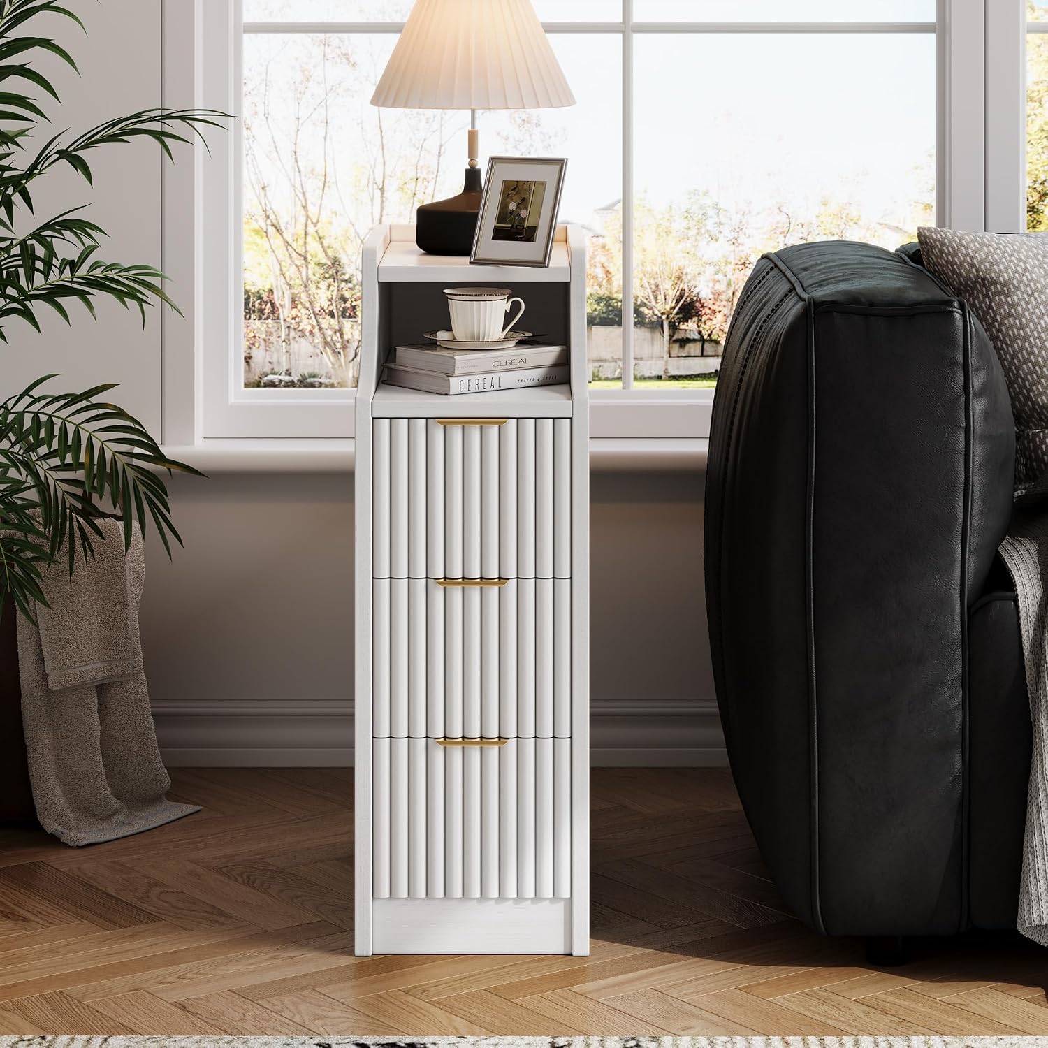 7.9' W Narrow Fluted Nightstand Set of 2,Slim Side End Table with 3 Drawers,Modern Bedside Table,Skinny Night Stand for Bedroom, Livingroom,Small Space (White)