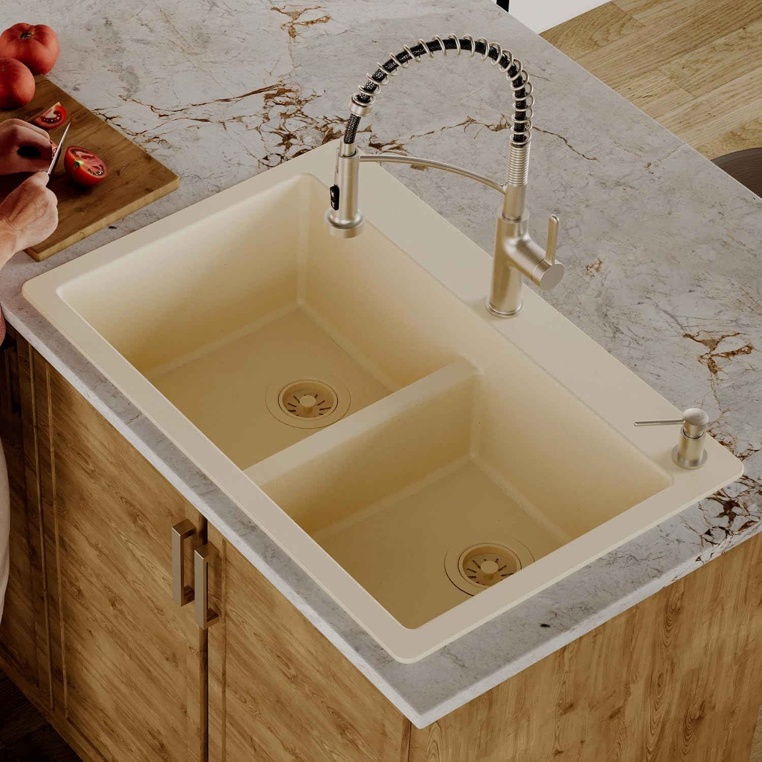 Karran 33' Bisque Quartz Composite Double Bowl Kitchen Sink – Top Mount Drop-In 50/50 Low Divider, 80% Natural Quartz, 535°F Heat Resistant, Sound Dampening, Granite Composite