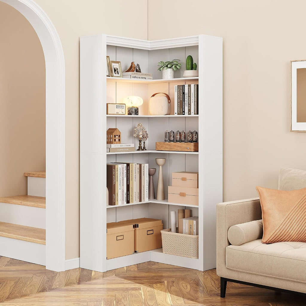 GarveeHome Corner Bookshelf, 71.8 in White Corner Bookcase, L-Shaped Bookshelf Large Bookcase, 5 Tier Display Shelf Heavy Duty Bookcases, Bookshelves with Storage