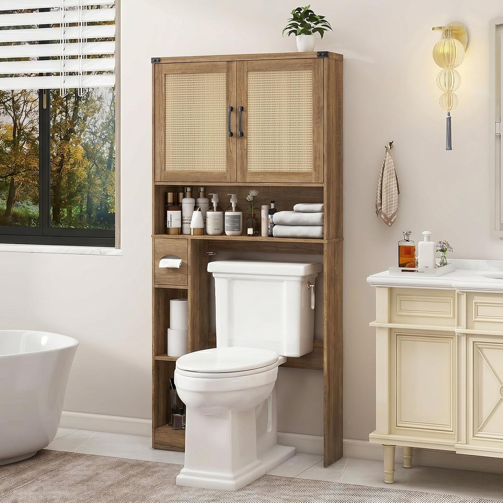 Vabches Over The Toilet Storage Cabinet, Farmhouse Storage Cabinet Over Toilet with 2 Rattan Barn Doors & Home Space-Saving Toilet Rack, for Bathroom, Restroom, Laundry. Rattan